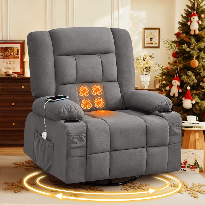 Oversized Swivel Recliner Chair with 4-Point 3D Kneading Massage and Heat, Single Sofa Chair with 2 Cup Holders & USB Port - Grey