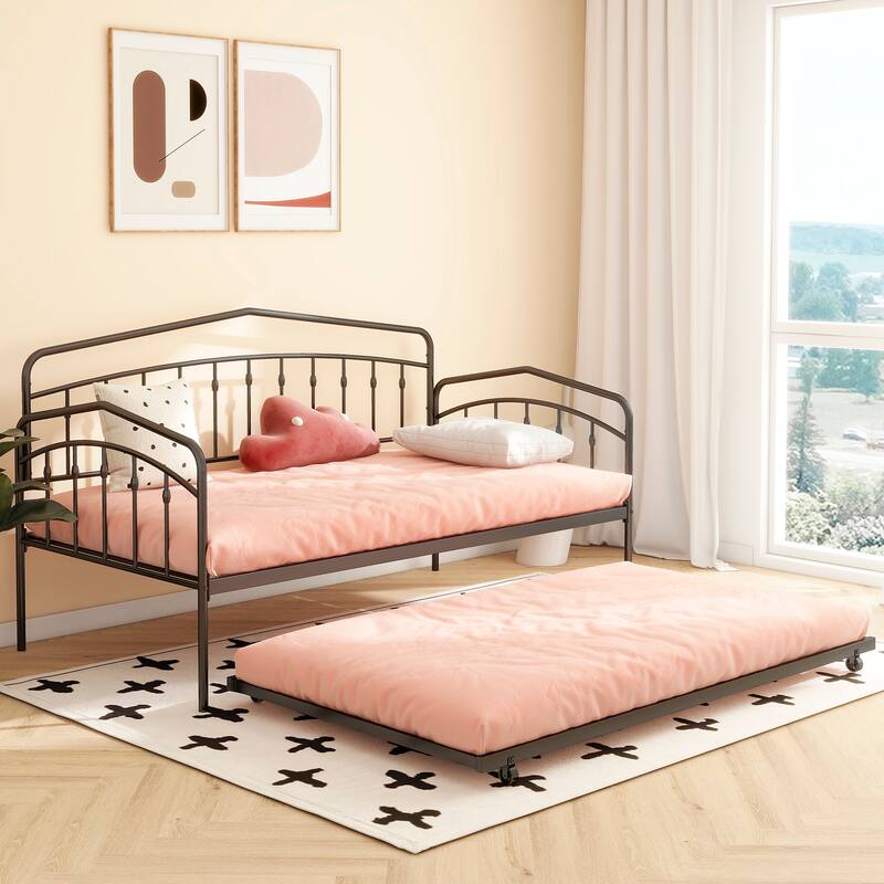 Twin Size Metal Daybed with Trundle & Anti-Noise Design - No Box Spring Needed.