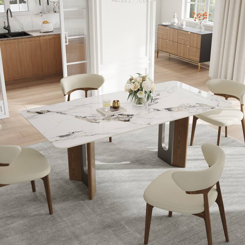 63" Modern Retangular Dining Table With Glossy White Sintered Stone Table Top, Kitchen Table With Stainless Steel Legs For 6 - Sintered Stone