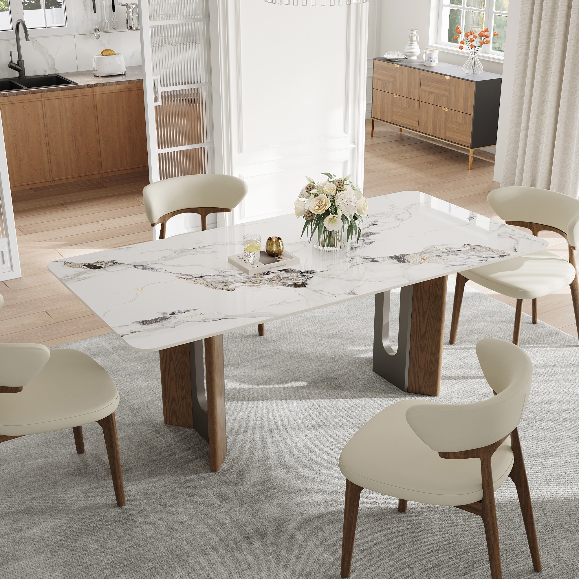 63" Modern Retangular Dining Table With Glossy White Sintered Stone Table Top, Kitchen Table With Stainless Steel Legs For 6