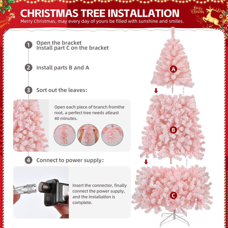 Artificial Snow-Flocked Christmas Tree with Thick Pine Branches and US Plug and Metal Stand