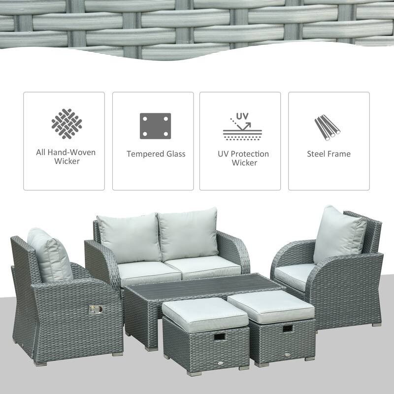 Outsunny 6 PCS Outdoor Rattan Wicker Sofa Set Patio All Weather Furniture w/ Tea Table & Cushion for Backyard Garden Grey