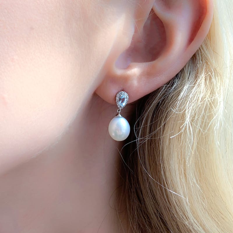 Miadora 9-10 MM Cultured Freshwater Pearl Aquamarine and 1/7ct TDW Diamond Earrings in 10k White Gold by Miadora