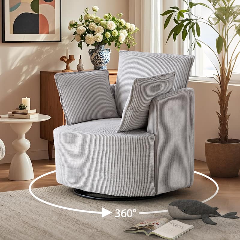 Swivel Accent Chair,360°Swivel Barrel Chair with 3 Pillows Corduroy Round Armchair Single Sofa Chair for Living Room Bedroom