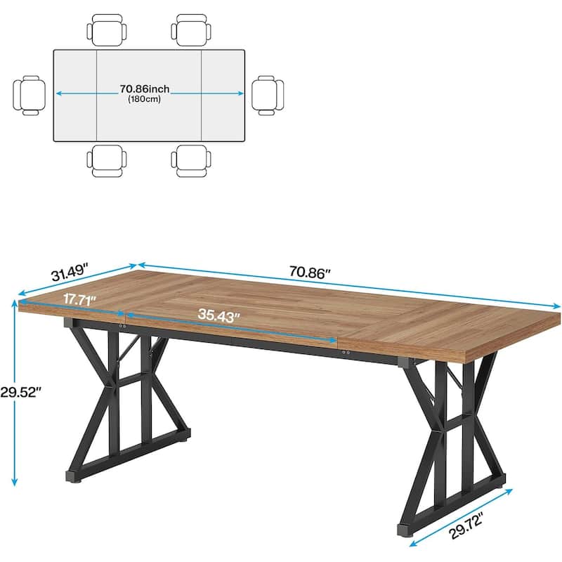 Dining Table for 6, Wood Kitchen Table with Trestle Base, Kitchen Table Meeting Table with X-shaped Accents - Black,Walnut