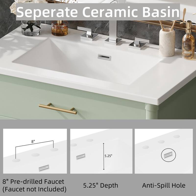 31" Bathroom Vanity with Sink, Soft-Close Doors, Adjustable Shelf & Rubber Wood Legs