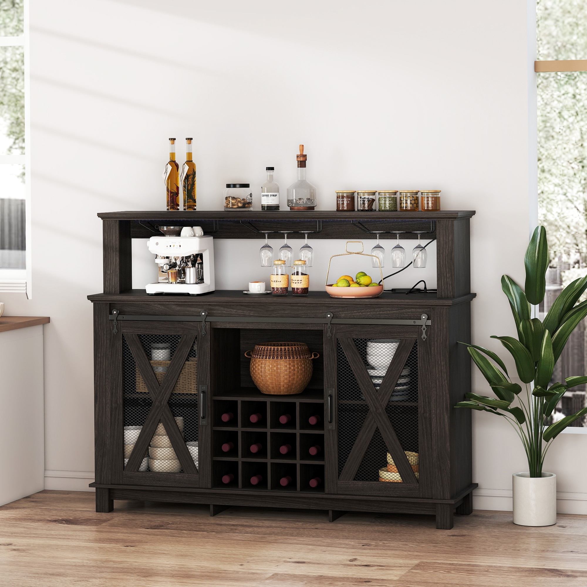 EROMMY Farmhouse Coffee Bar Cabinet With Sliding Barn Door and LED Lights