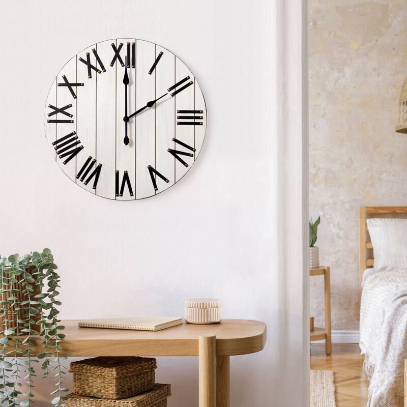 Country Rustic Farmhouse Round Wooden Wall Clock 21" White and Black