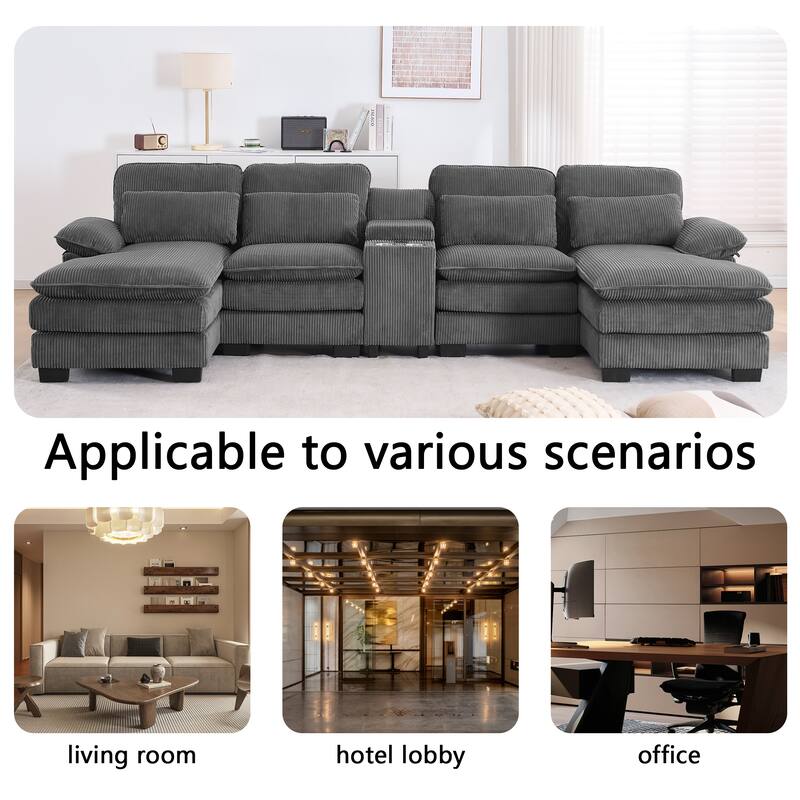 124" Modern Modular Sofa with Double Recliner and USB Port with Center Console