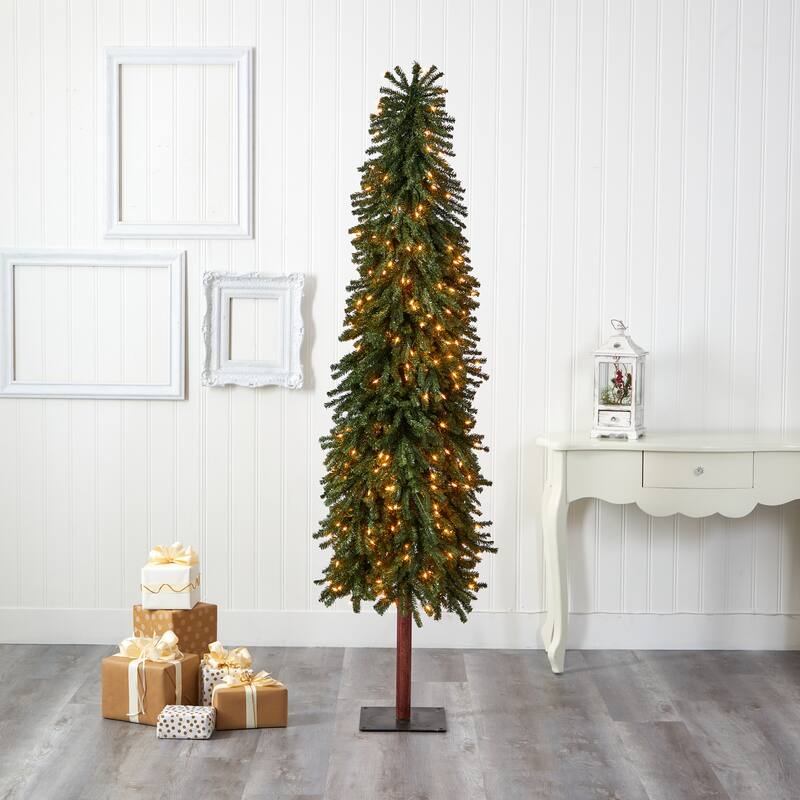 7ft Artificial Christmas Tree with Lights - Slim Alpine Holiday Decor, Bendable Branches - Green - 84