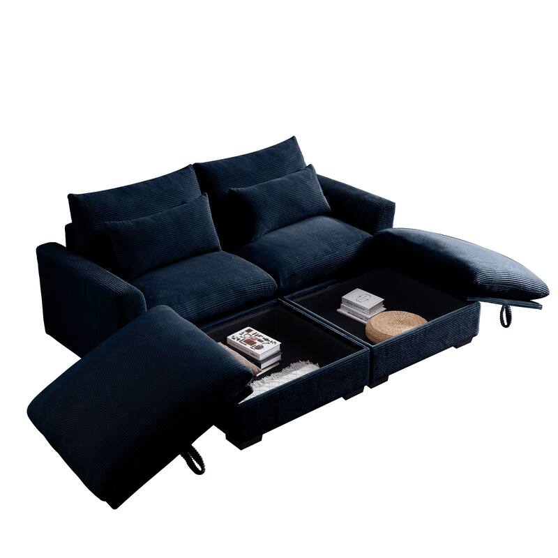Corduroy Loveseat Sofa Couch with Storage Ottomans, Modern Sectional 2 Seater Sofa with Deep Seat, Pillows for Small Spaces