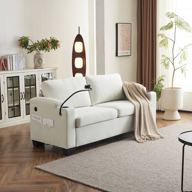 Pull-Out Queen Sofa Bed 73.63" with Memory Foam Mattress, Cup Holders, USB Ports, and Storage Pockets for Small Spaces