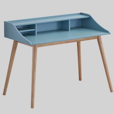43" Mid-Century Modern Writing Desk with Hutch and 4 Open Shelves, Rubberwood Legs