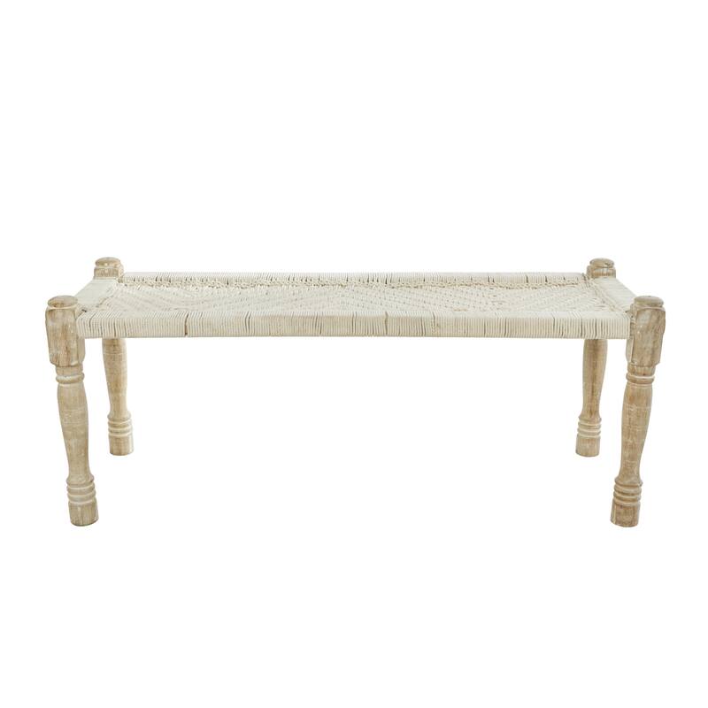 Cotton Fabric Handmade Woven Chevron Patterned Home Bench with Light Brown Mango Wood Legs - Beige - Roche River Decor