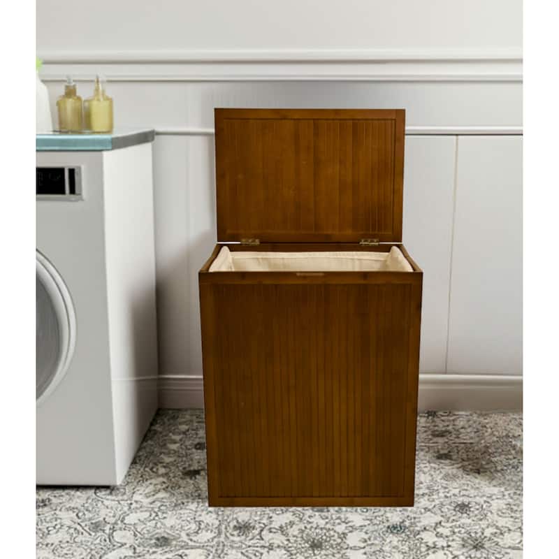 Solid Bamboo Folding Clothes Hamper w/ Removable Laundry Bag - Brown