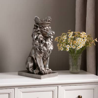 Solid Sitting Lion with Crown Statue - 14.5" - Silver