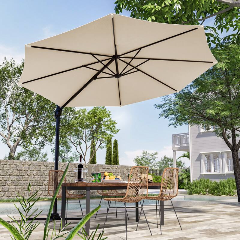LIVOOSUN 10FT Round Cantilever Umbrella Patio Offset Umbrella For Outdoor Space, Solution-Dyed Fabric, 360° Rotation System - Beige