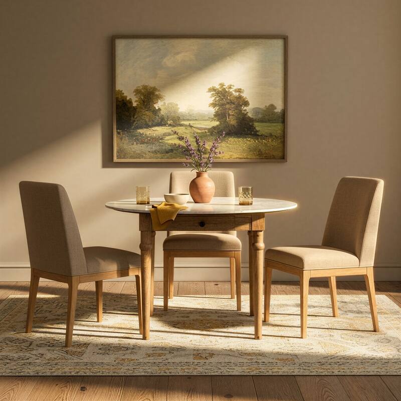 Mango Wood Dining Table with Drawer and Marble Top, White and Natural - 48.0"L x 48.0"W x 30.0"H - White/Natural