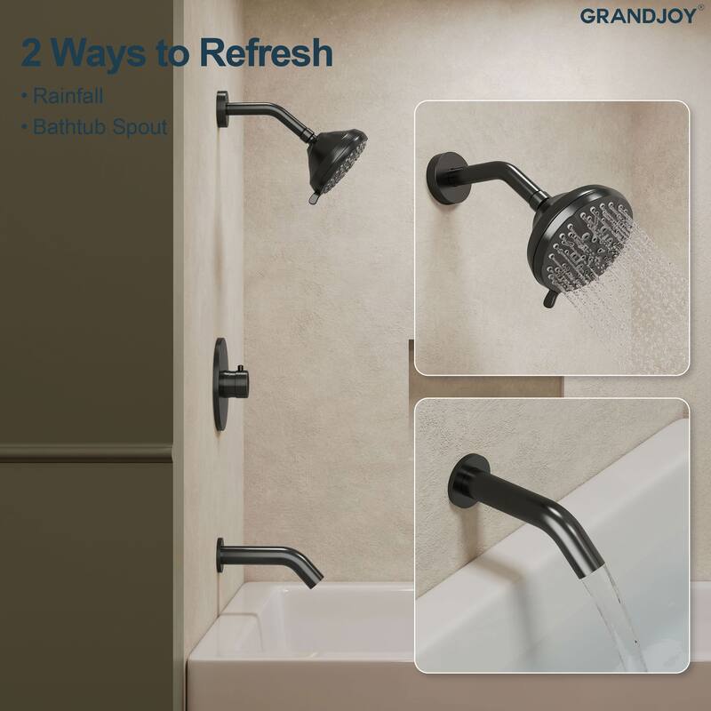 GRANDJOY 2-Function Shower System 5" High Pressure Shower Head and Tub Spout with Valve