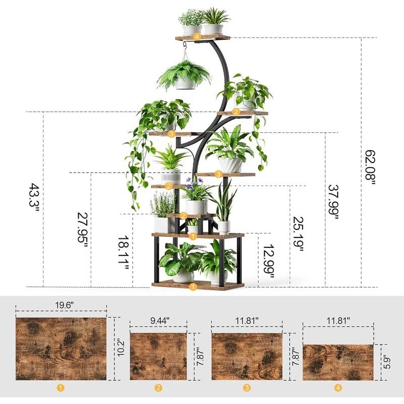 Wood Metal 8-Tier Indoor Plant Stand with S-Shape and Grow Lights - 19.6'' W X 10.2'' D x 62'' H