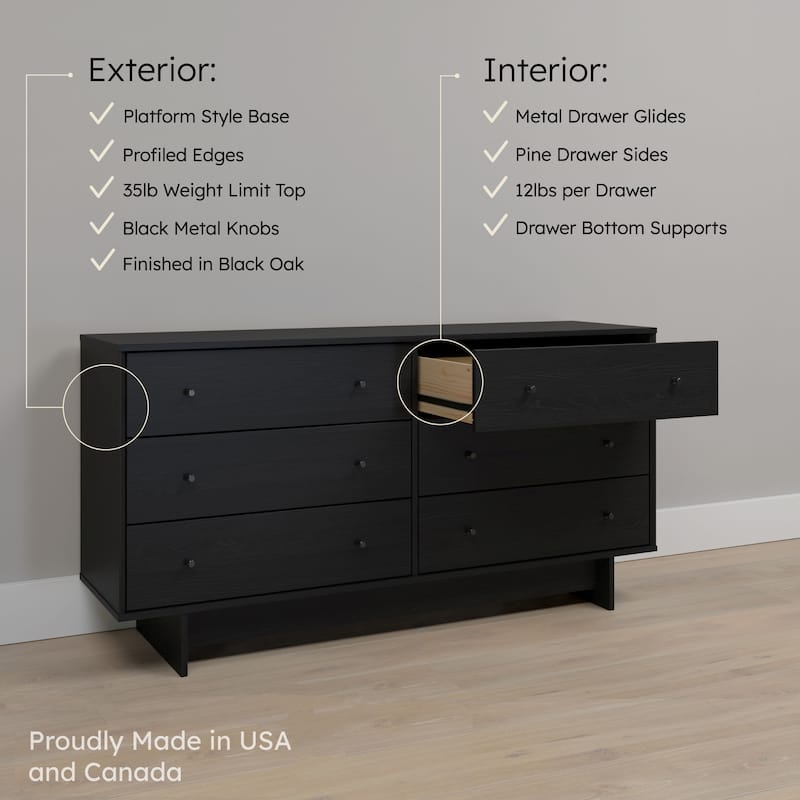 Prepac Finnley 6-Drawer 61" W Dresser, Modern Clothing Organizer for Home, Bedroom, Living Room