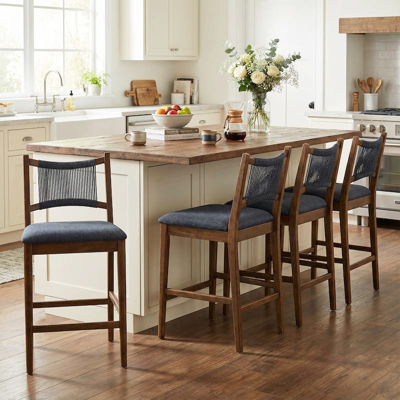 Christopher Knight Home - Arno Mid-Century Modern Upholstered Counter Stool with Rope Back and Solid Wood Frame Set - 21"W - Set of 4 - Walnut Finish+Charcoal+Black Rope