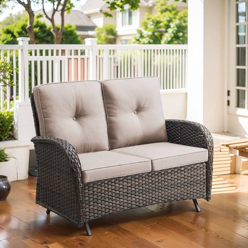 Outdoor Glider Loveseat Patio Wicker Sofa - Brown - Beige