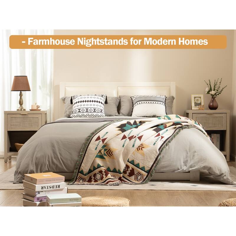 SICOTAS Farmhouse Rattan Nightstand with Drawer and Storage Shelf