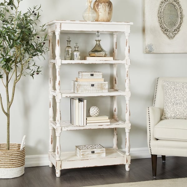 White Wood Distressed Open 5 Shelf Shelving Unit with  display picture 3