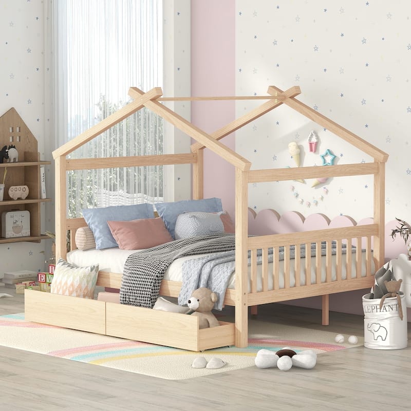 Full House Bed with Drawers - Natural
