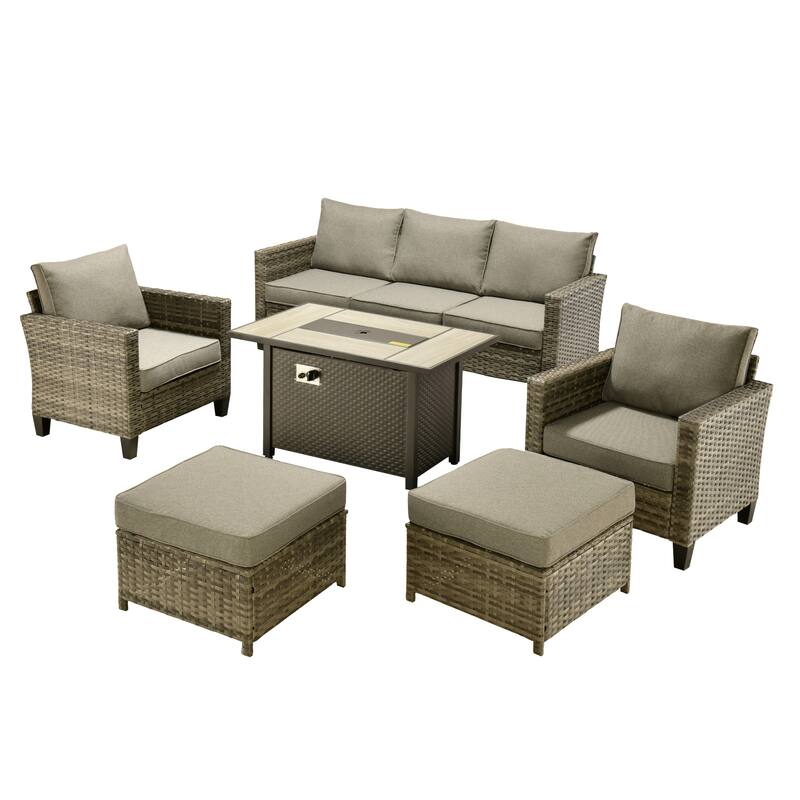 OVIOS 6-piece Patio Wicker Conversation Furniture Set With Fire Pit