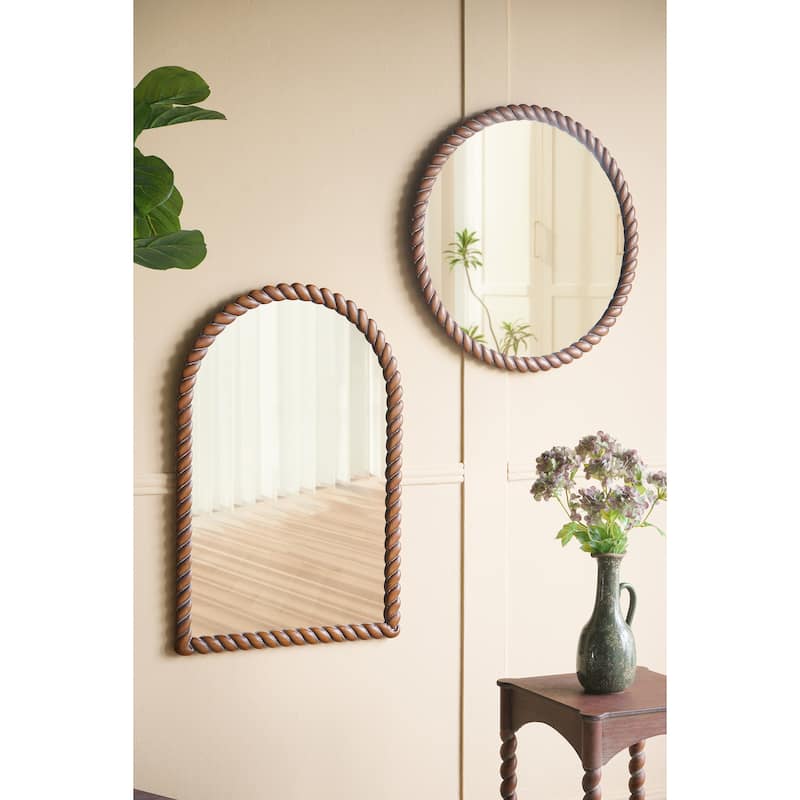 28.3x28.3" Round Wall Mirror with Pine Wood Frame, Brown