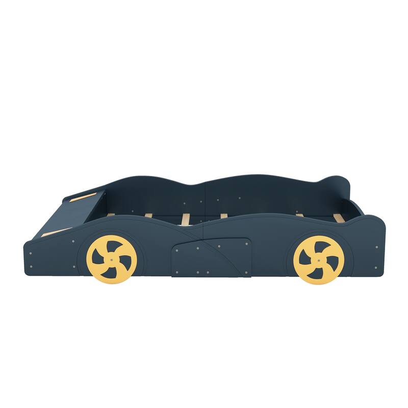 Full Race Car Bed with Storage, Wheels, and Sturdy Pine Wood Frame