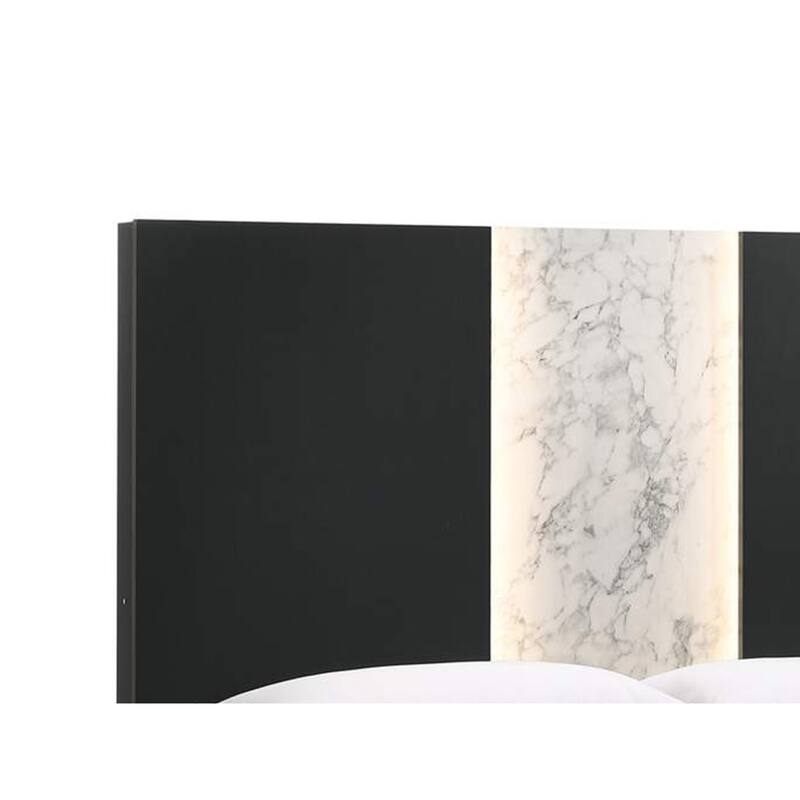 Amey King Panel Bed, Built In Light, White Marble Trim, Black Wood