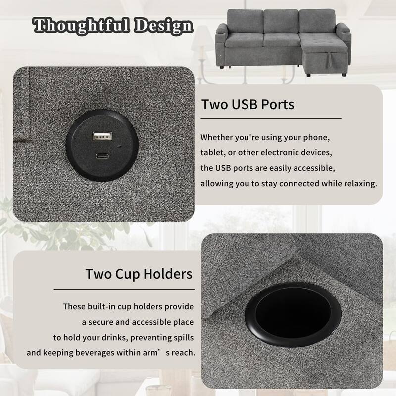 83.5" Modern Convertible L-shaped Sectional Sofa Couch with Two Cup Holders and USB Ports