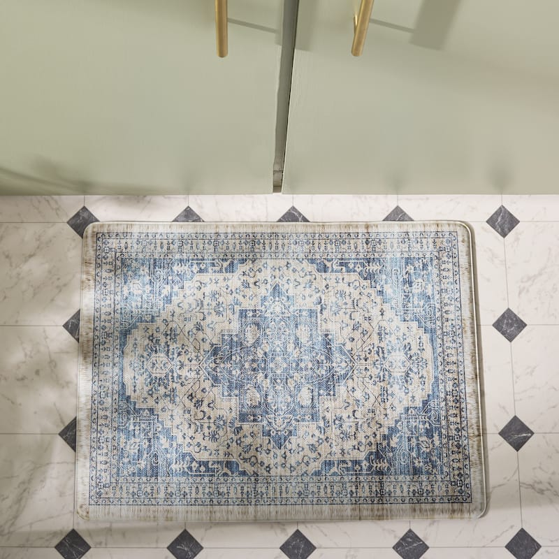 SAFAVIEH Kitchen Mat Asteria Non-Slip PVC Kitchen Floor Area Rug - Beige/Blue - 1'6" x 2'