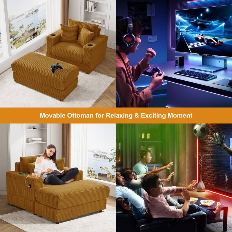 Ouyessir Upholstered Deep Seat Single Sofa with Ottoman for Living Room