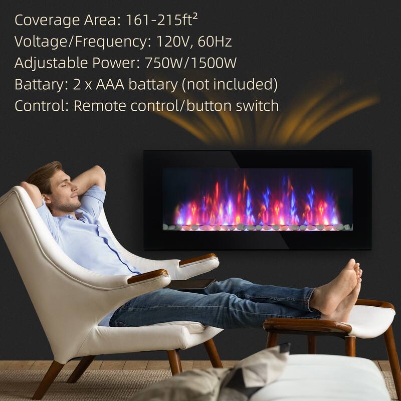 161-400 Sq Ft Black Wall-Mount Heater with Tempered Glass Dual Heat Settings and Adjustable Flame Colors