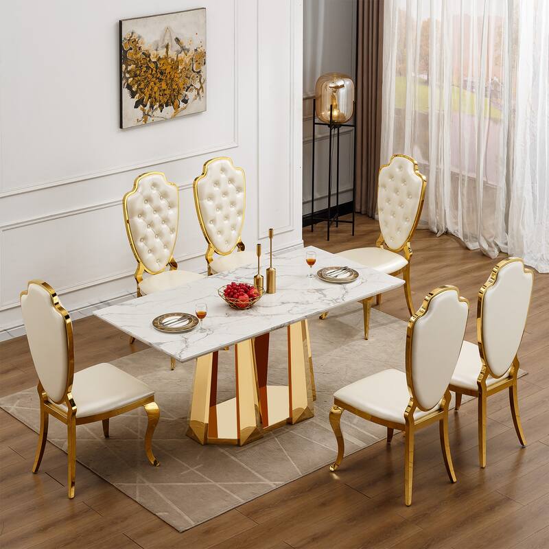 70'' Rectangle Faux Marble Dining Table with Mirrored Finish Stainless Steel Base - Gold+White