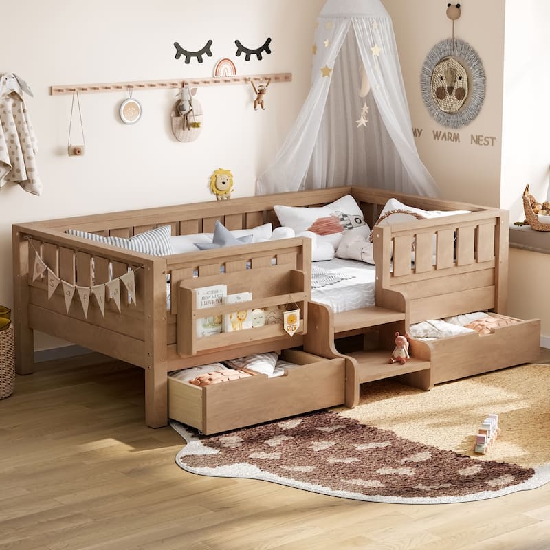 Full/Twin Loft Bed with Storage Drawers, Safety Staircase & Rails - Natural - Twin