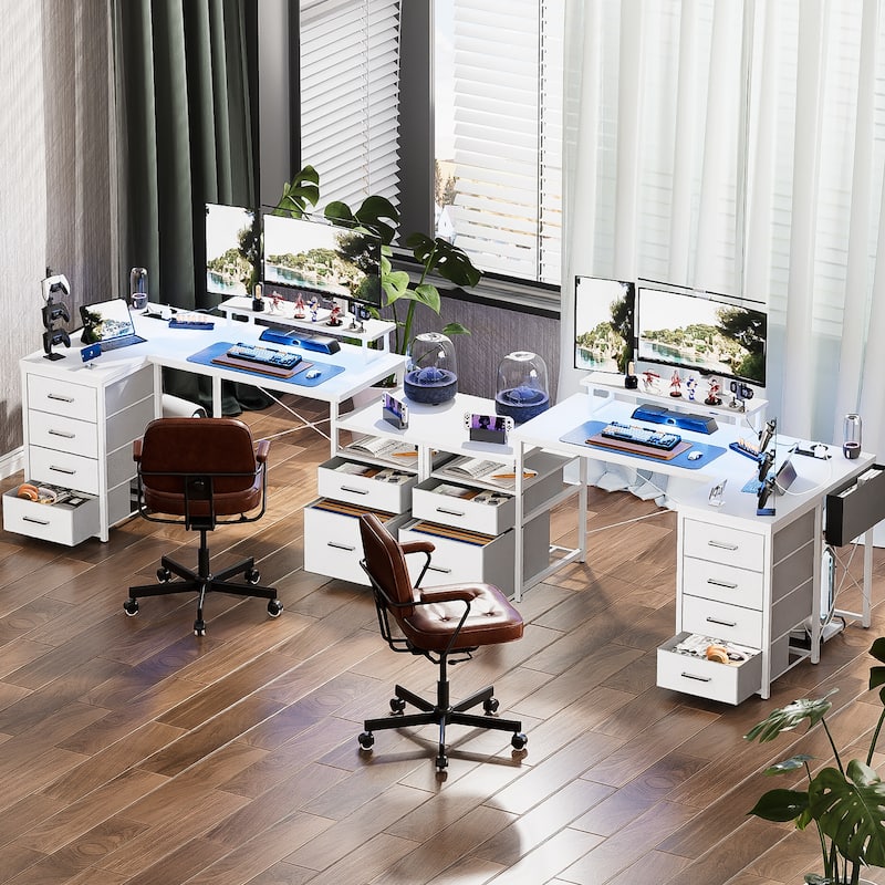 Modern Farmhouse 71'' L Shaped Desk with File Drawers, Reversible Computer Desk with Power Outlets and Smart LED Lights
