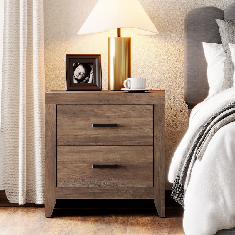 WAMPAT Farmhouse Nightstand with Dual Drawers - Rustic Brown - Brown - 1 PC