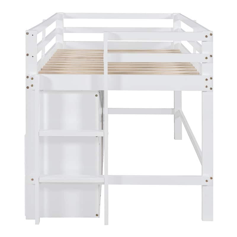Twin Size Loft Bed with 4 Drawers, Underneath Cabinet and Shelves