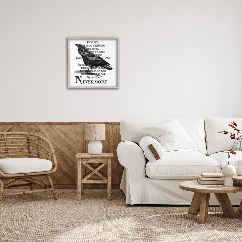 Stupell Black Crow Raven Creepy Halloween Text Quote Framed Wall Art - White