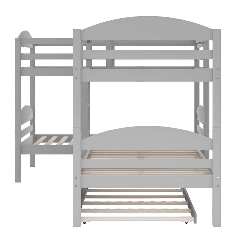 Twin L-Shaped Bunk Bed with Trundle Solid Pine Wood Convertible Beds