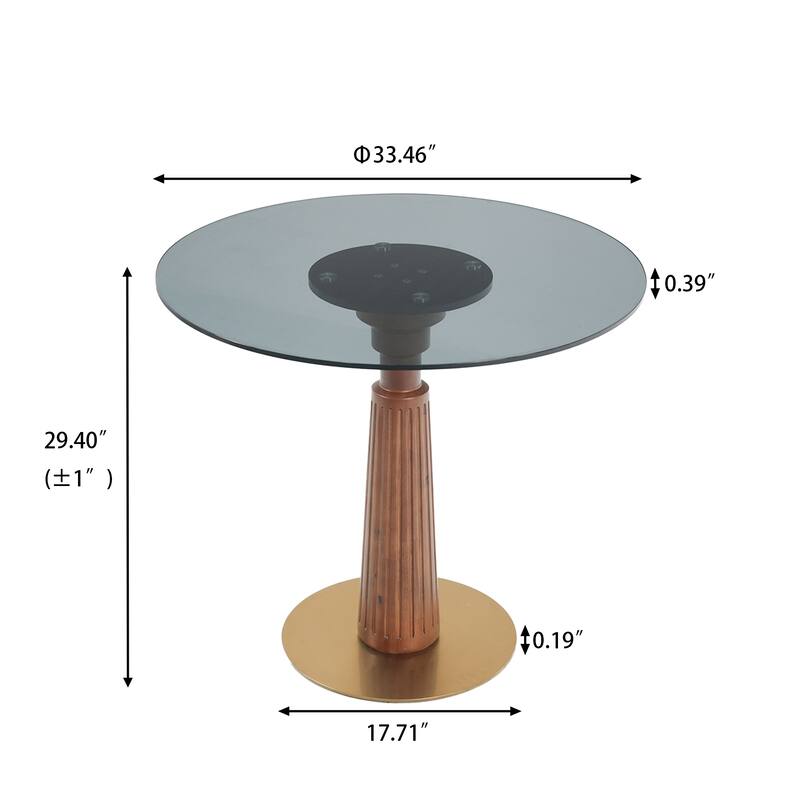 33" Retro Round Side Table, Glass & Sintered Stone Tabletop Dining Table with Solid Wood Pedestal