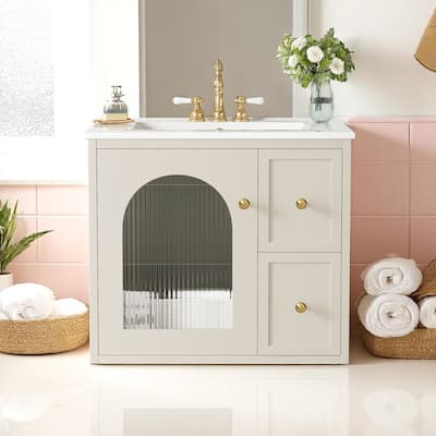 24" Wall-Mounted Bathroom Vanity with Ceramic Sink, 2 Drawers & Glass Door Cabinet, Modern Floating Design for Small Spaces