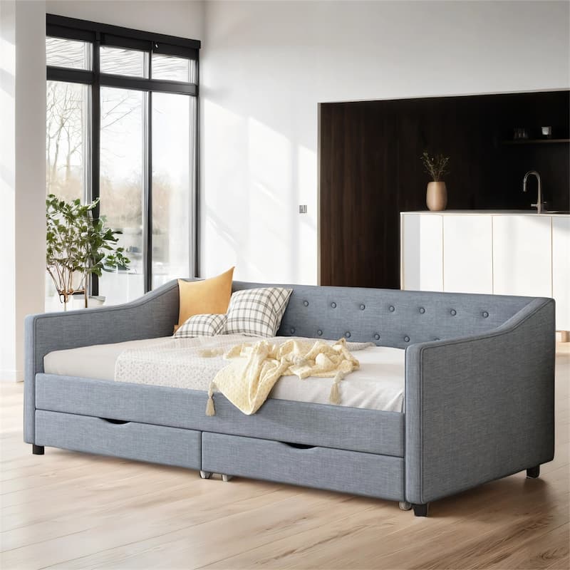 Twin Size Fabric Upholstered Tufted Daybed with Drawers and Wood Frame