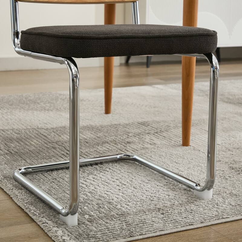 GDF Studio - Mid-Century Linen Dining Chairs with Natural Rattan Cane Back & Chrome Cantilever Base, Set of 2