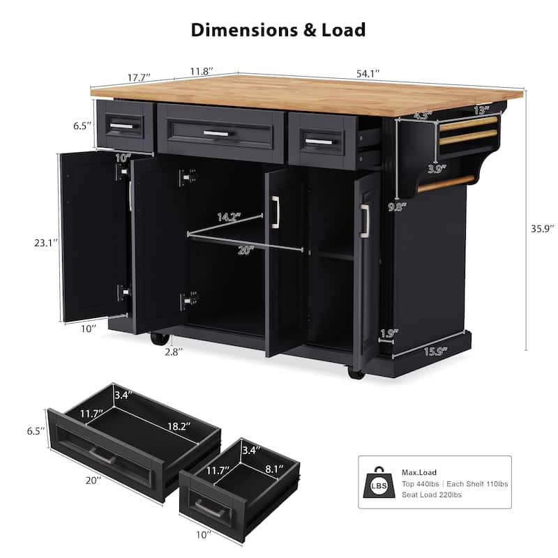 54-Inch Rubber Wood Kitchen Island With Drop Leaf, 4 Wheels, 4 Doors, 3 Drawers, For Kitchen Or Dining Room Storage. - 54inch
